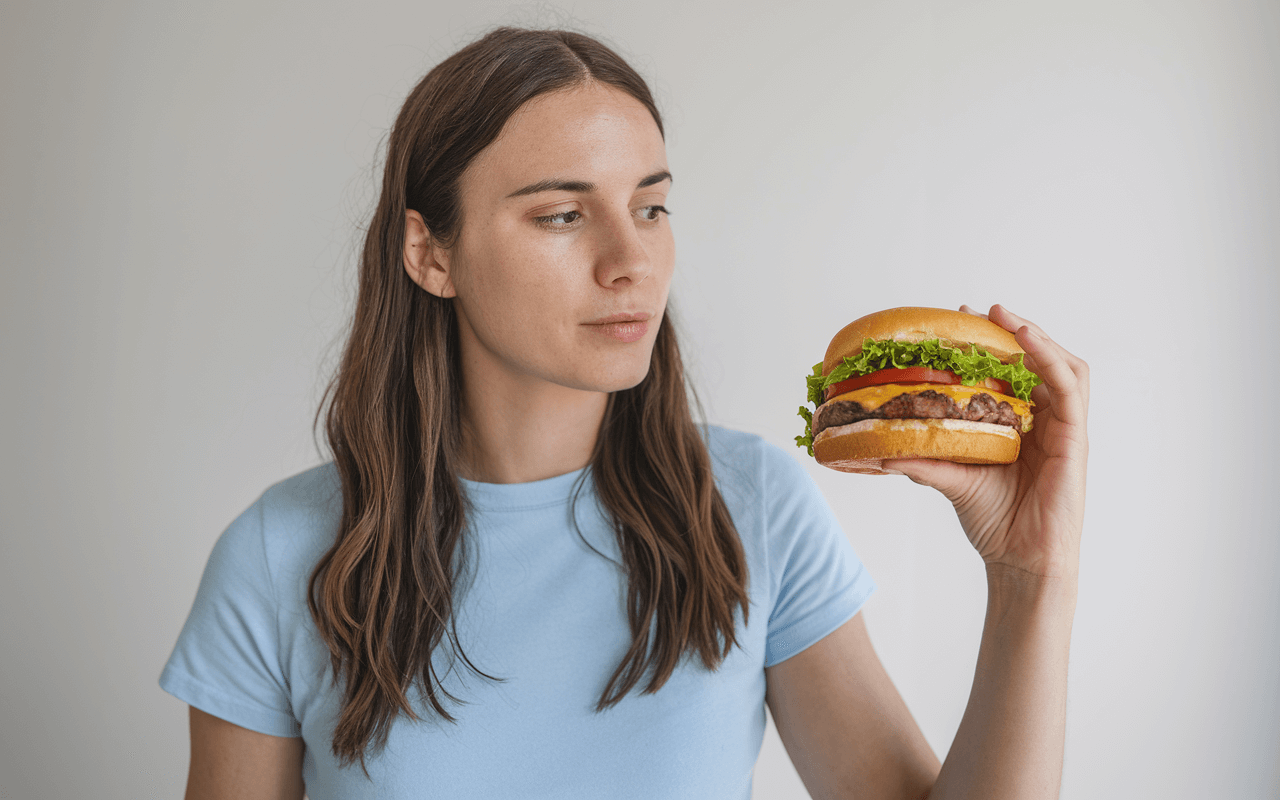 Девушка задумчиво смотрит на бургер