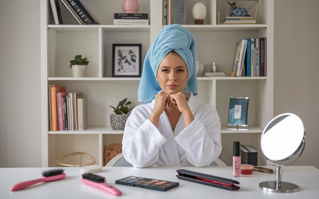 Девушка с полотенцем на голове сидит за столом