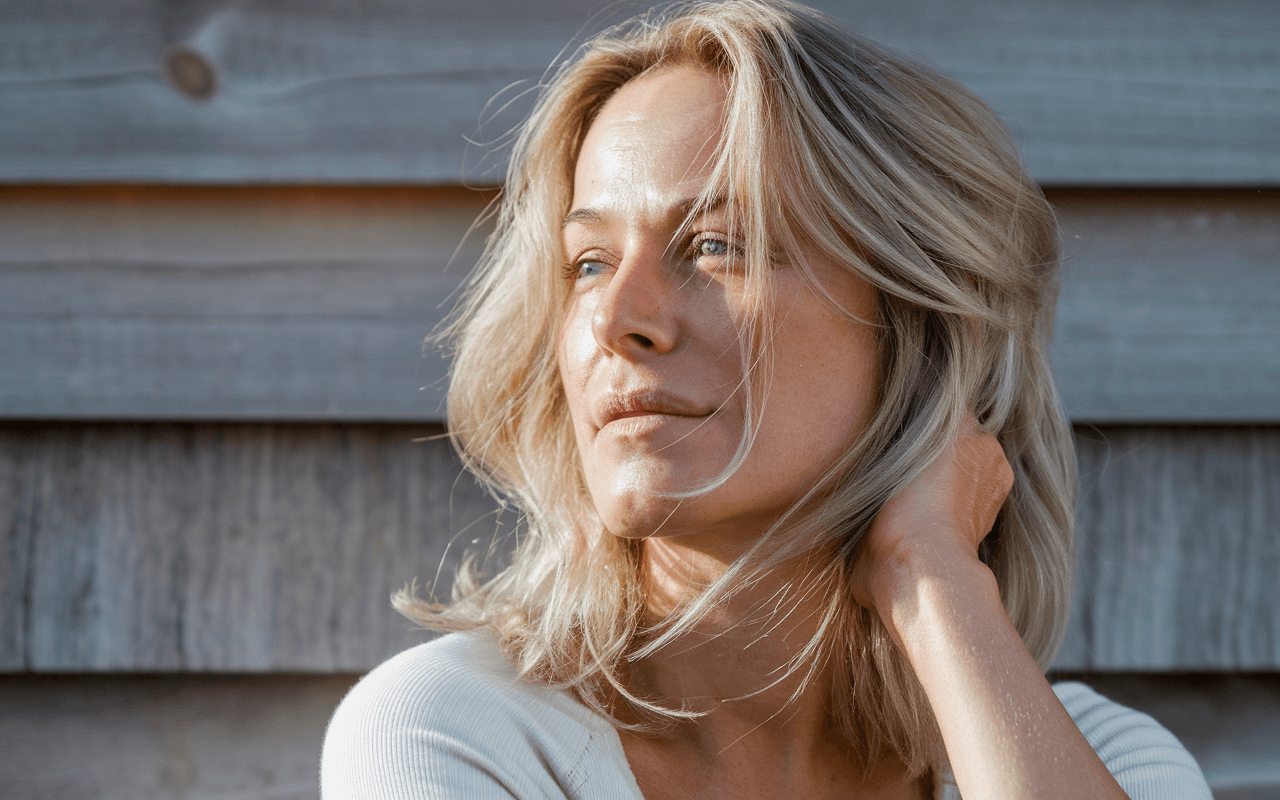 Женщина смотрит в сторону на фоне забора