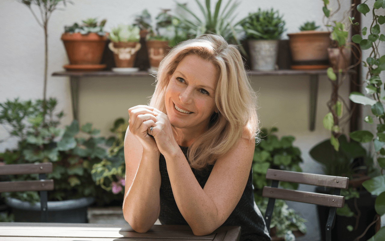 Женщина сидит за столом сложив руки