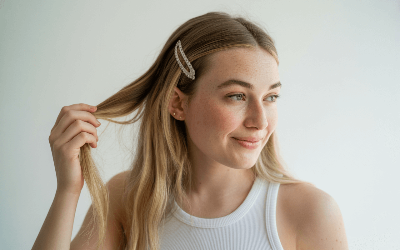 Дівчина тримає волосся