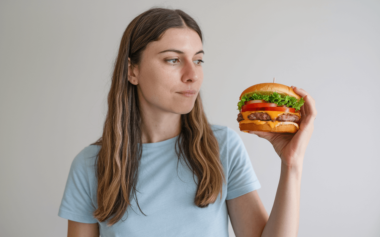 Дівчина задумливо дивиться на бургер