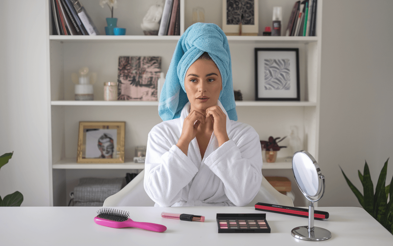 Дівчина з рушником на голові сидить за столом