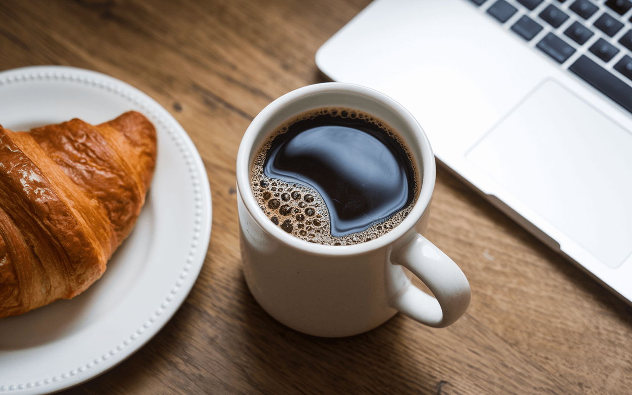 Чашка кави з круасаном та ноутбуком на столі