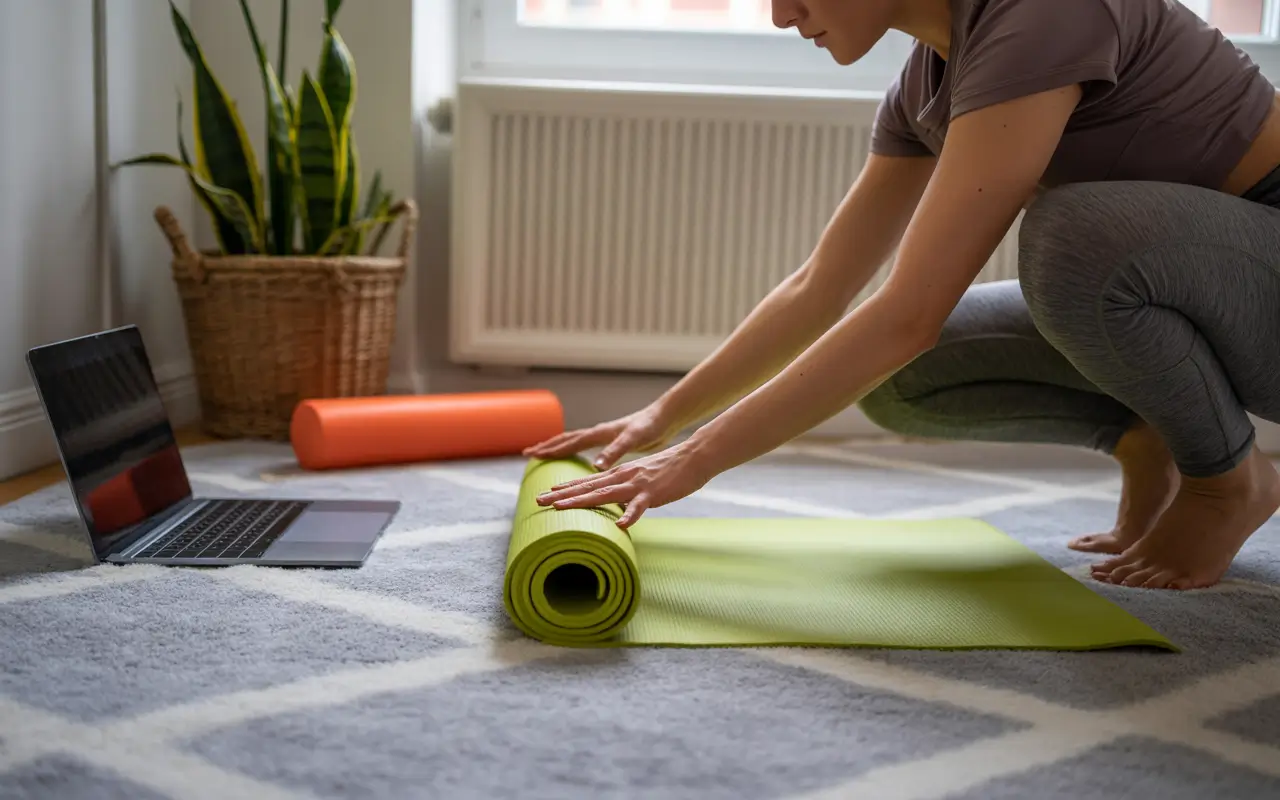 Девушка разворачивает коврик для йоги