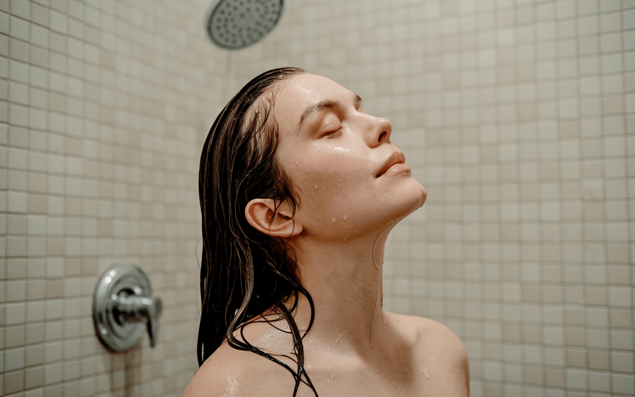 Девушка моет голову
