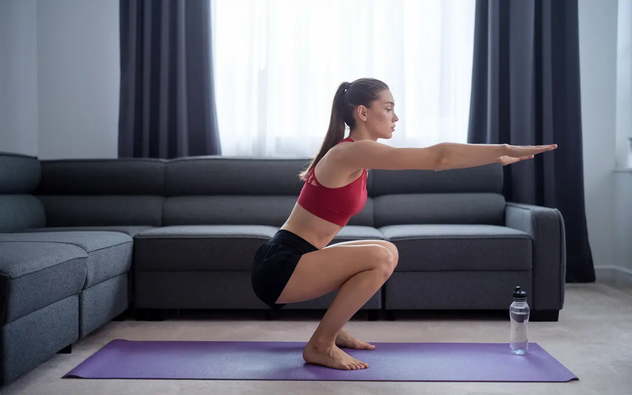 Дівчина присідає і виставляє руки вперед