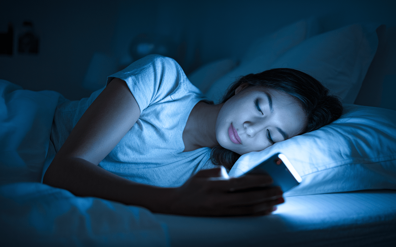 Девушка лежит в постели и смотрит в телефон