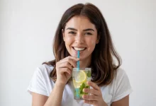 Девушка пьет воду с лимоном