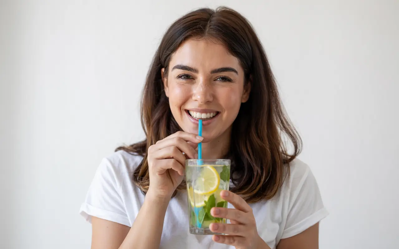 Девушка пьет воду с лимоном