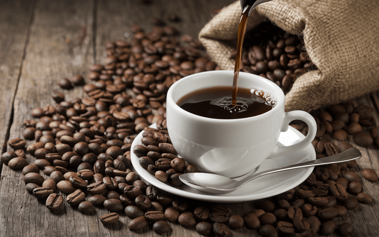 Чашка кофе и кофейные зерна рядом