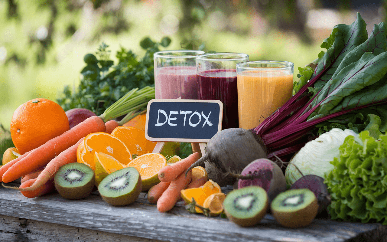 овощи и фрукты с табличкой "detox"