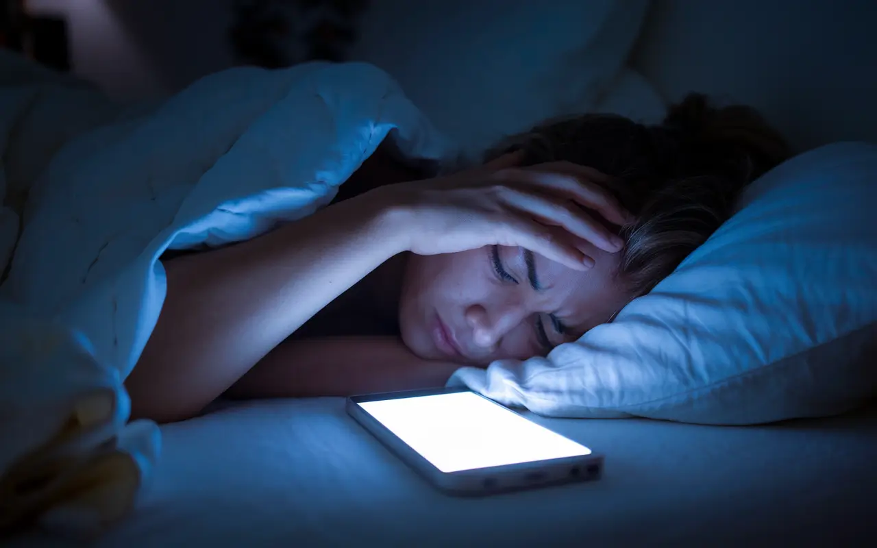 Девушка не может уснуть из-за телефона
