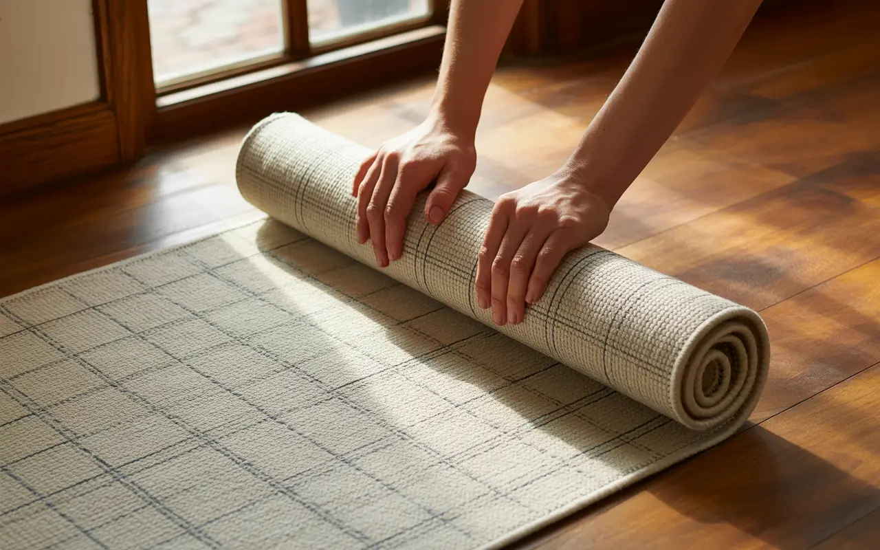 Девушка скручивает ковер