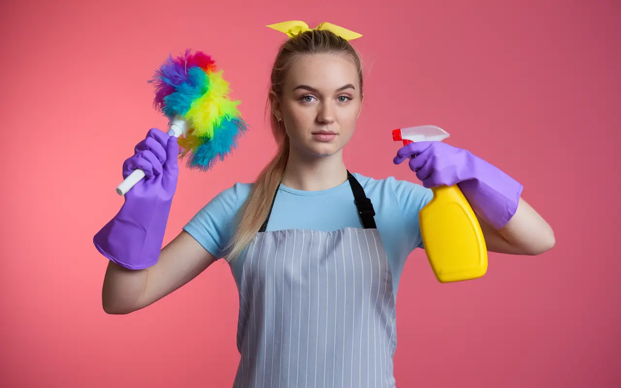 Девушка с пипидастром и спреем от пыли