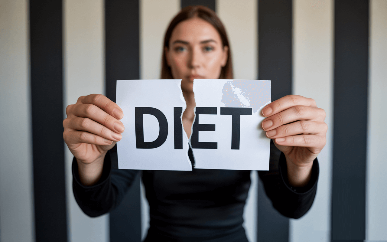 Девушка рвет бумагу, на которой написано "Diet" напополам