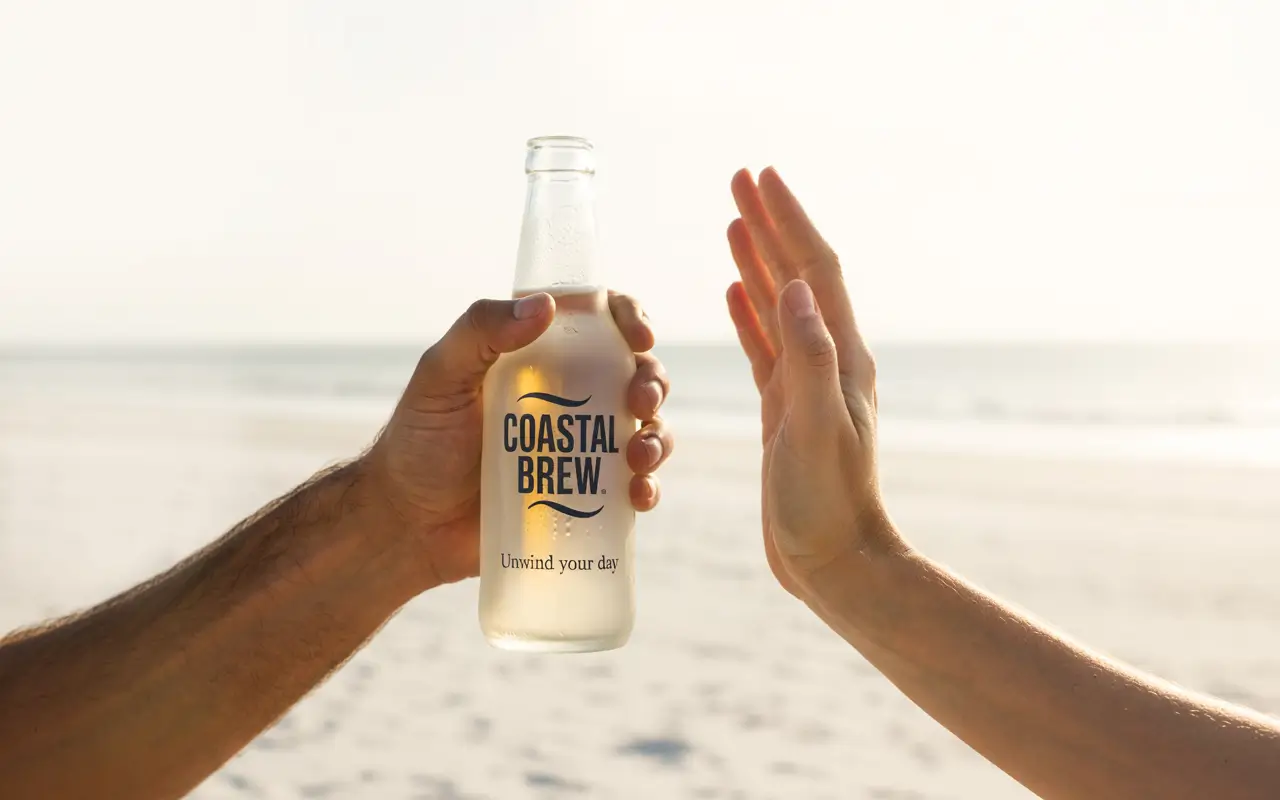 ДЕвушка жестом отказывается от пива