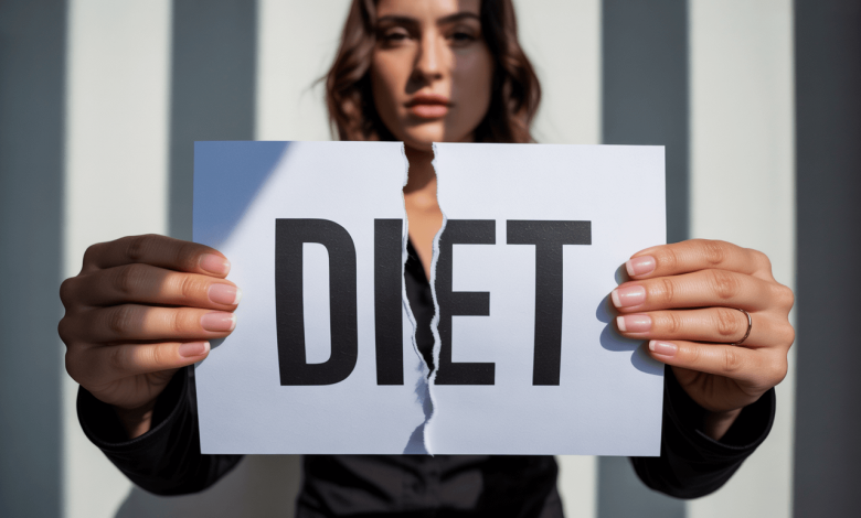 Дівчина рве напис DIET навпіл