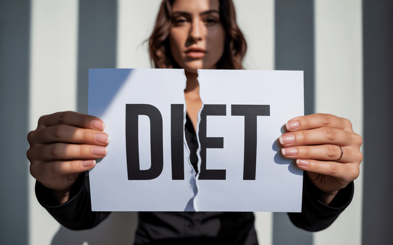 Дівчина рве напис DIET навпіл