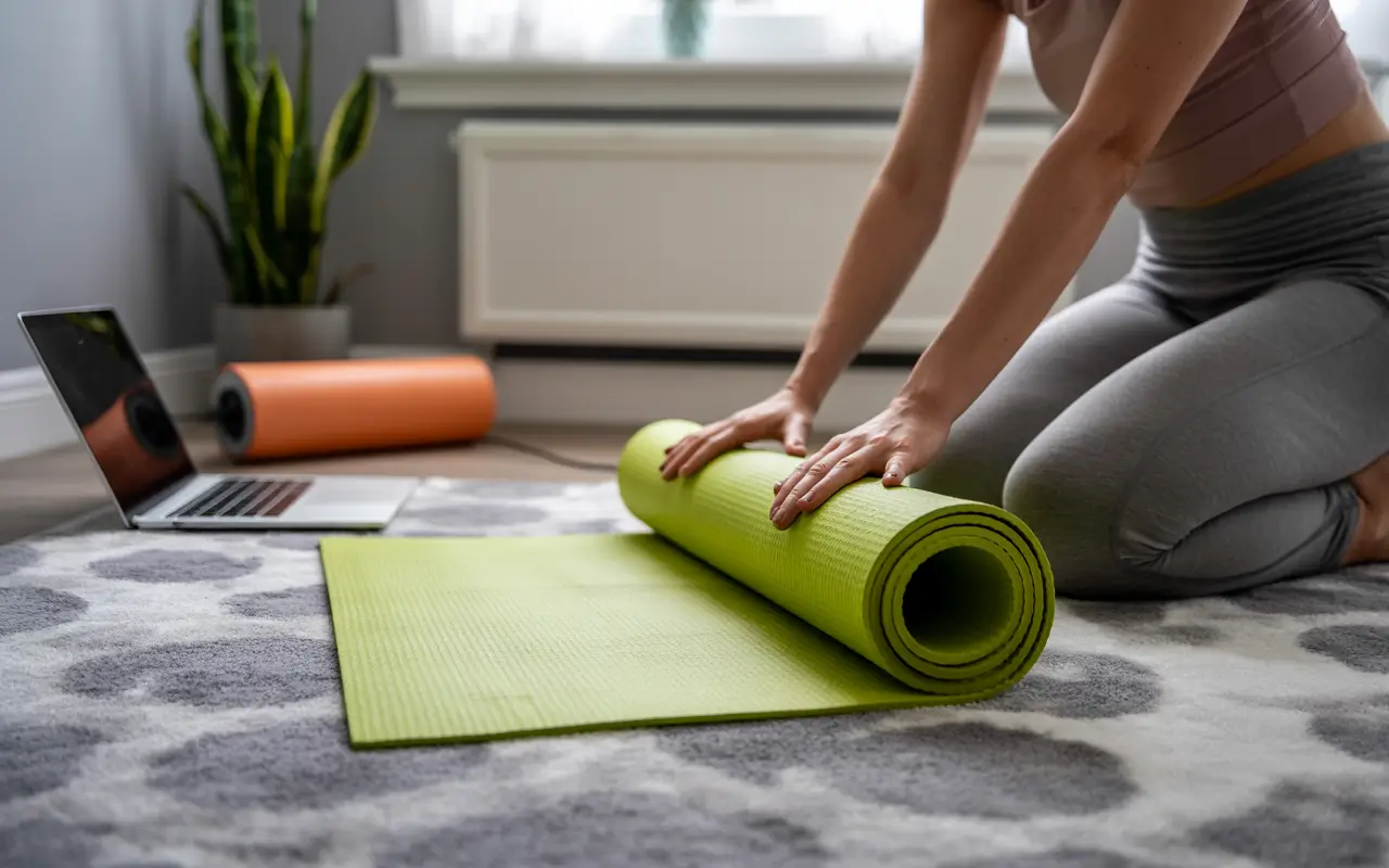 Дівчина розгортає килимок для йоги