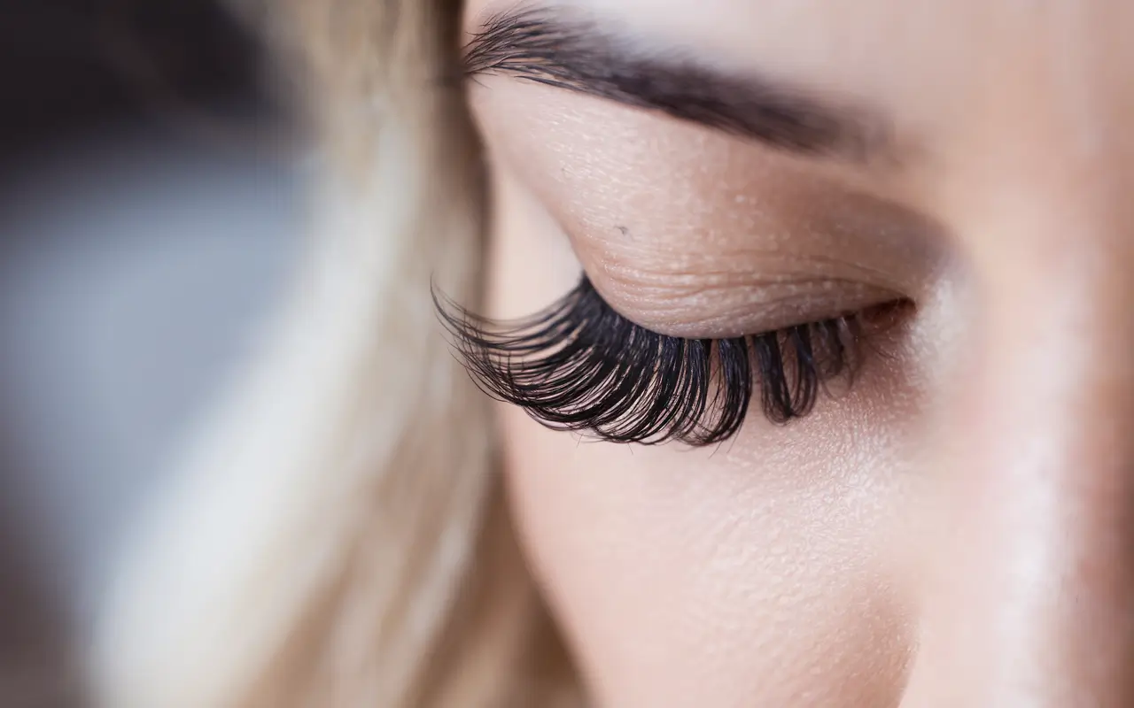 Девушка демонстрирует нарощенные ресницы