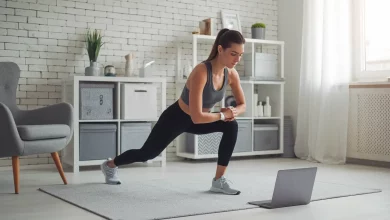 Дівчина робить спортивний комплекс вправ дивлячись у ноутбук