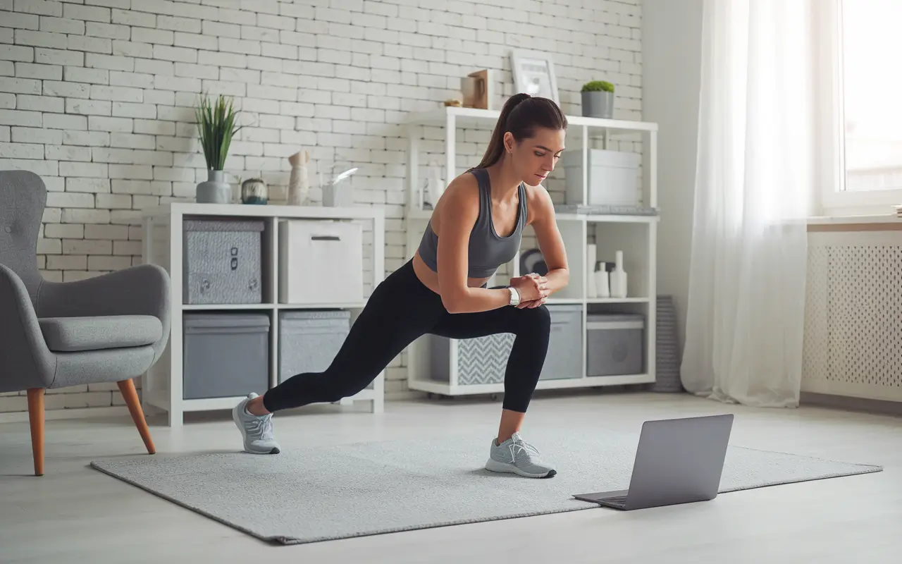 Дівчина робить спортивний комплекс вправ дивлячись у ноутбук