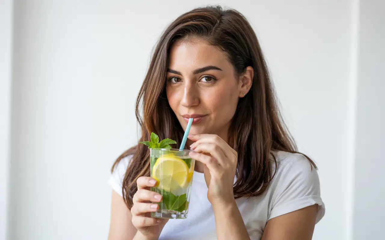 Дівчина п'є воду з лимоном