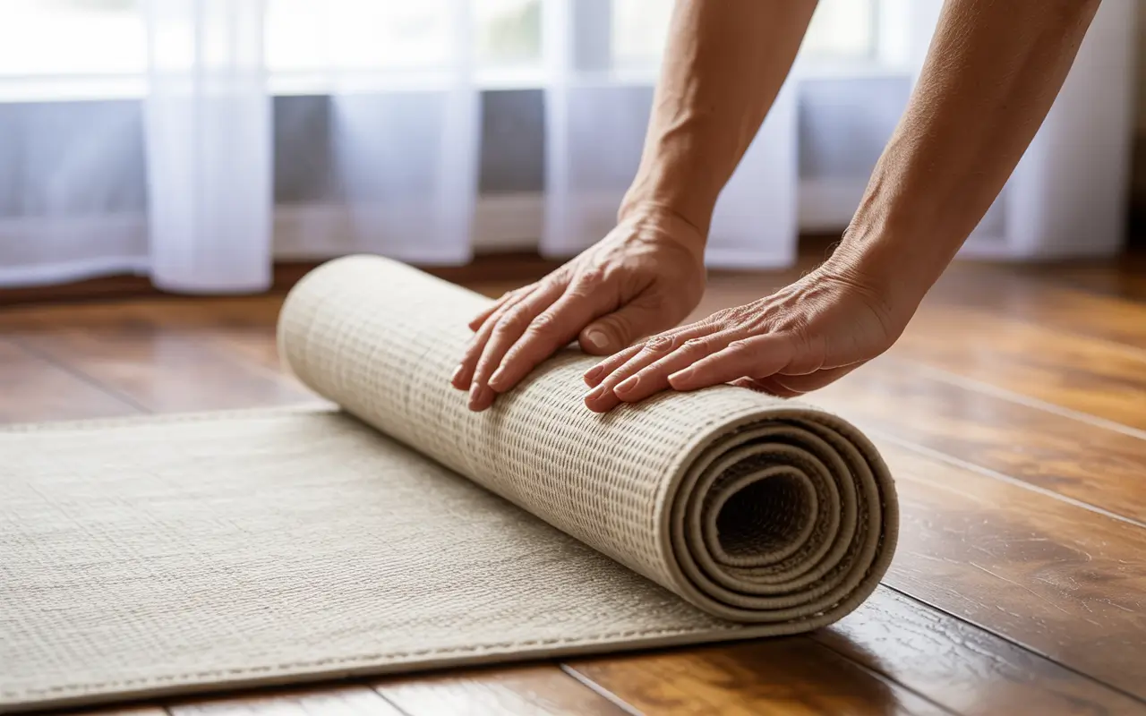 Дівчина згортає килим