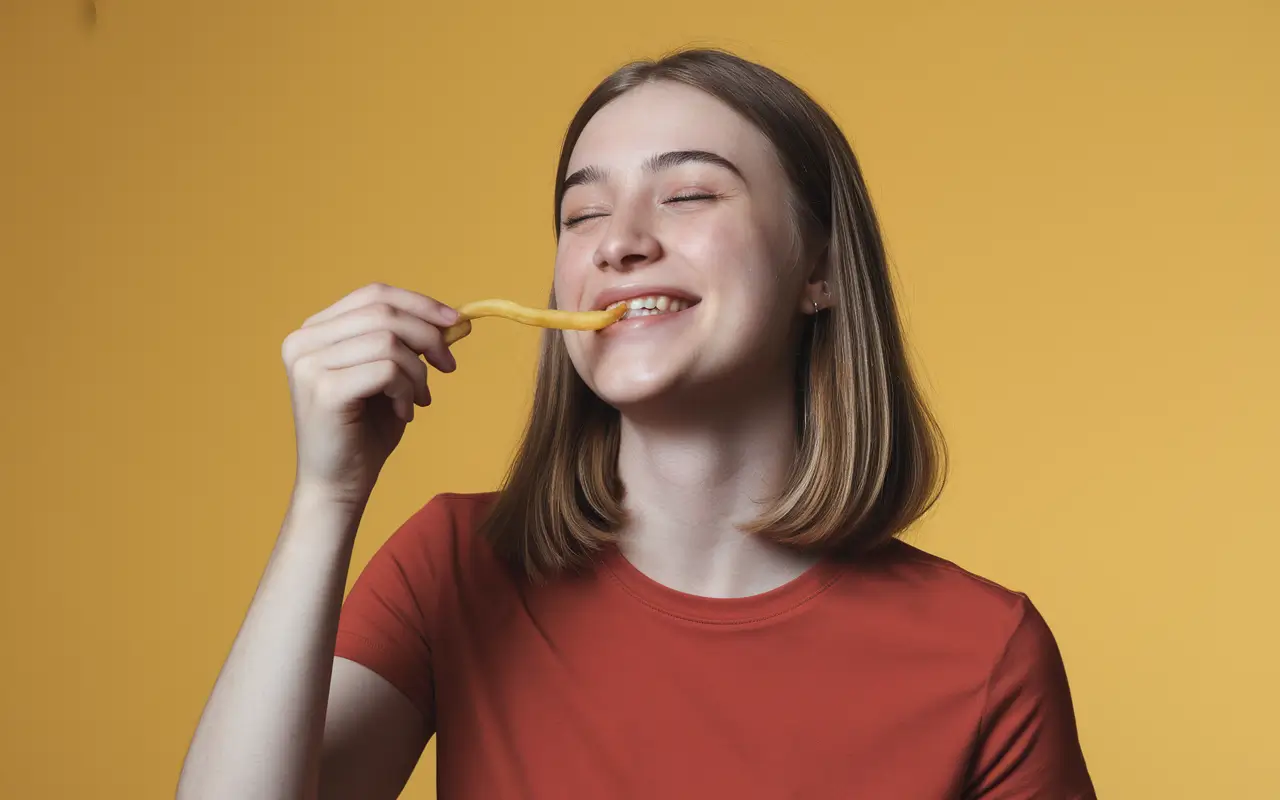 Дівчина їсть картоплю фрі