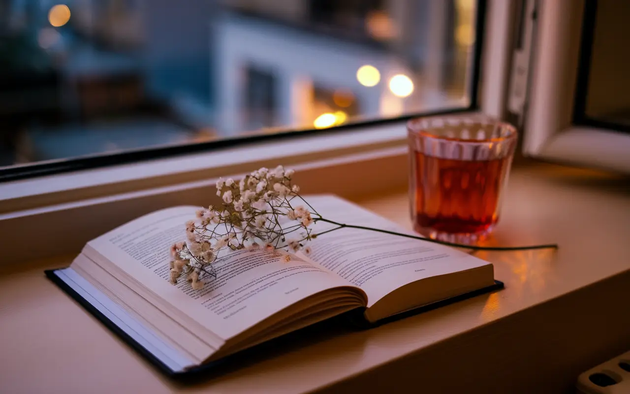 Чай та книга, та гілочка бузка