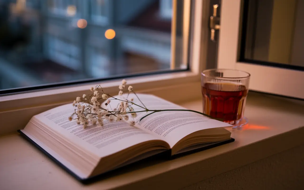 Чай, книга и веточка серени