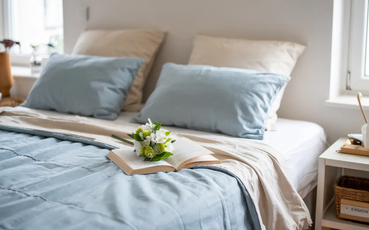 постіль із льону та книга на ліжку