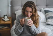 Девушка пьет кофе в постели