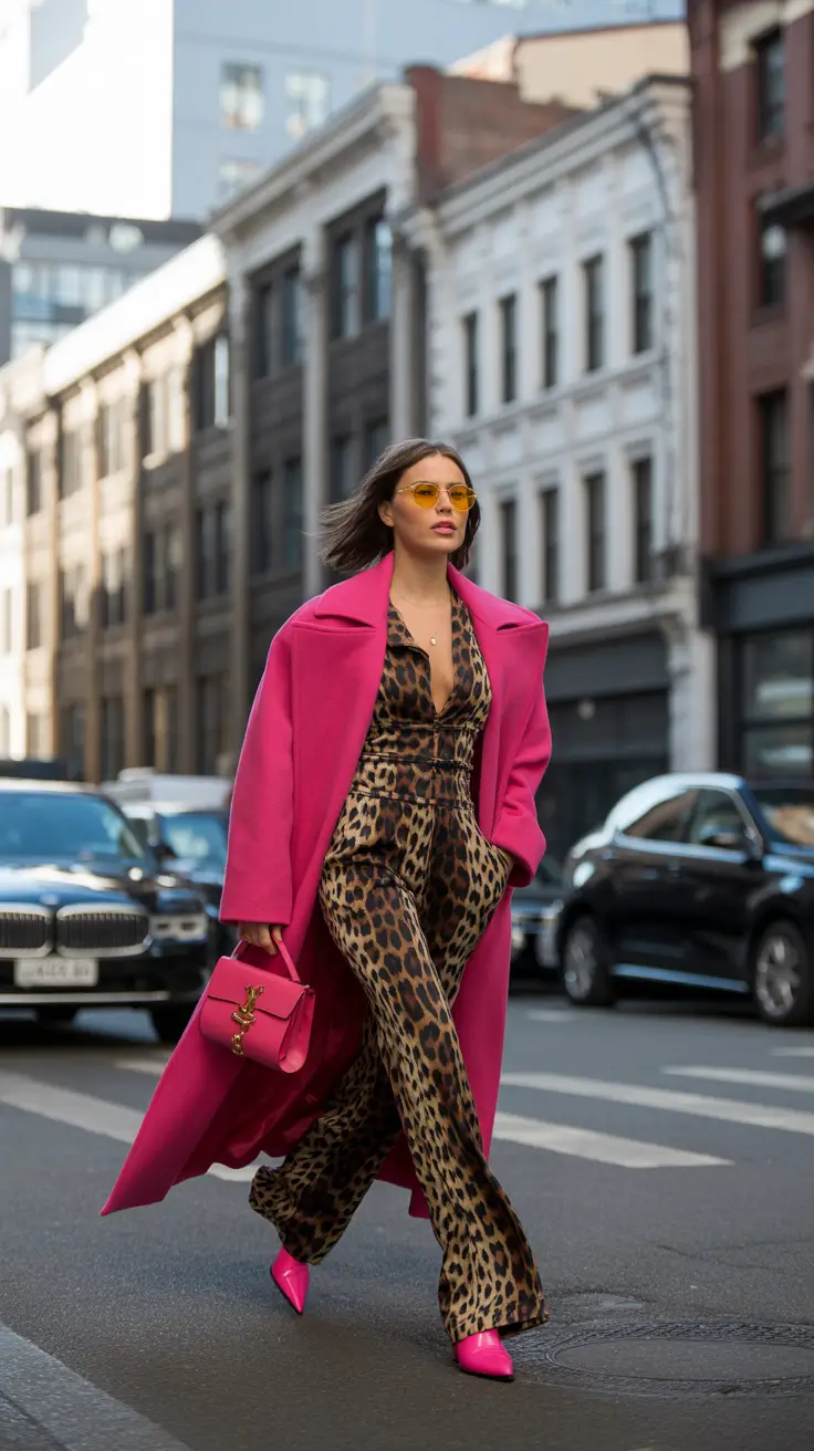 модные зимние наряды 2025/2026 Леопардовый люкс с розовым акцентом