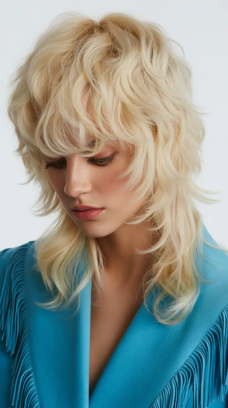 стрижки для средних волос 2026 Пушистые платиновые волчьи слои