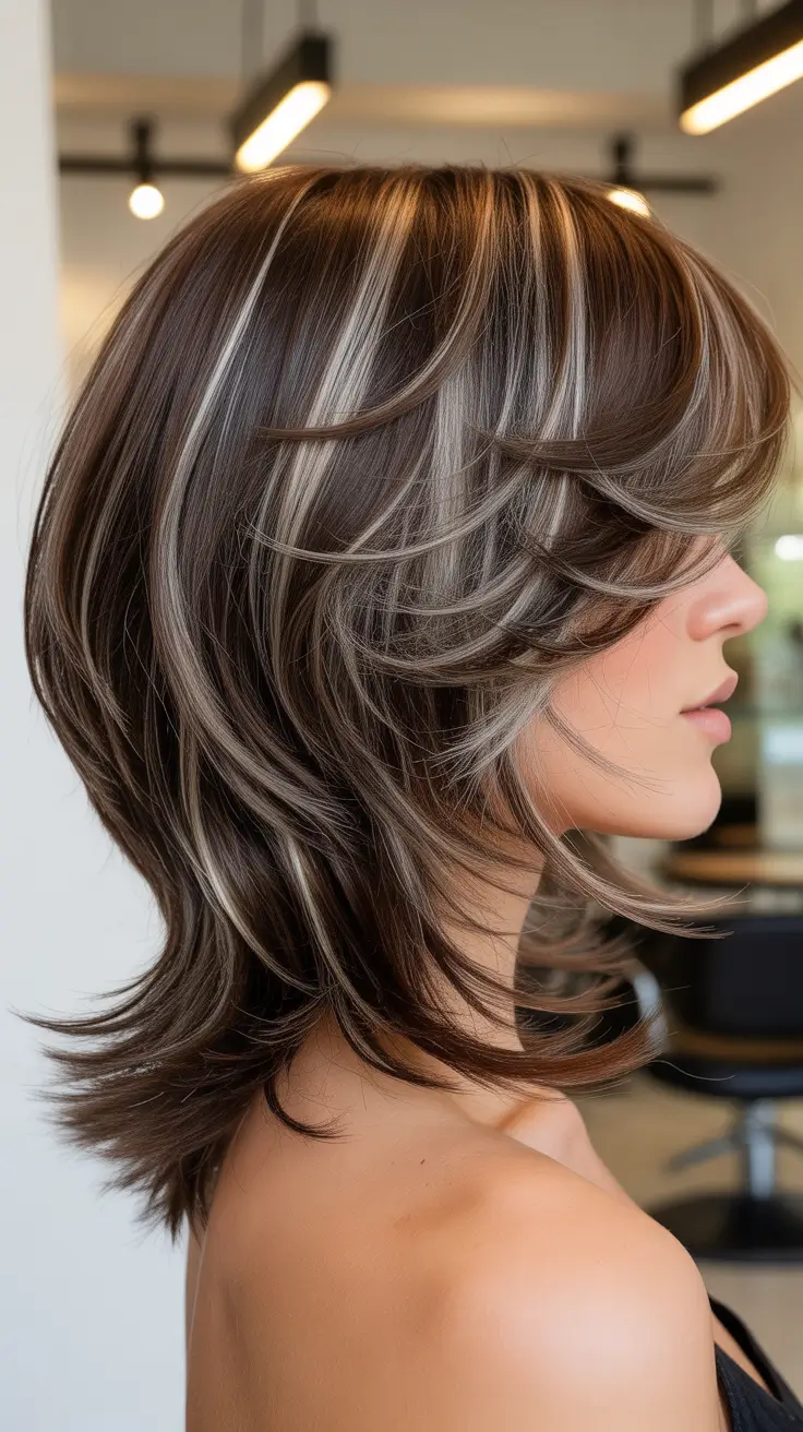 стрижки для средних волос 2026 Объемная стрижка «бабочка» коричневого цвета