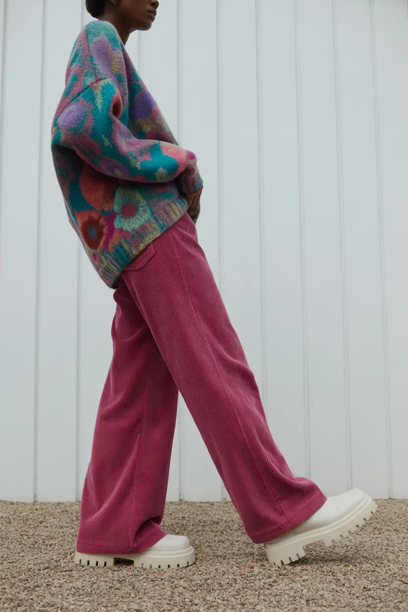 раннезимние образы 2025 Смелые цветочные узоры и спокойный вельвет