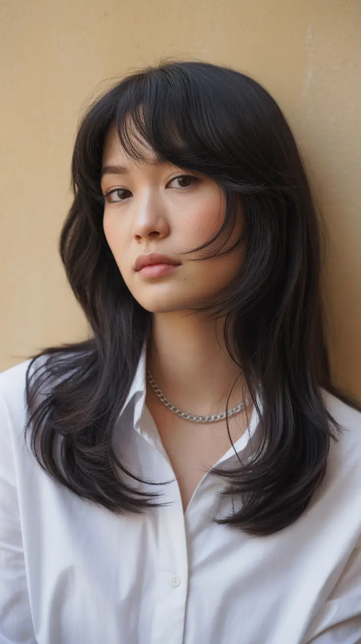 стрижки для средних волос 2026 Длинные слои с завесой-челкой