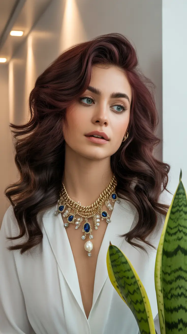 стрижки для средних волос 2026 Сливовые волны с объемом