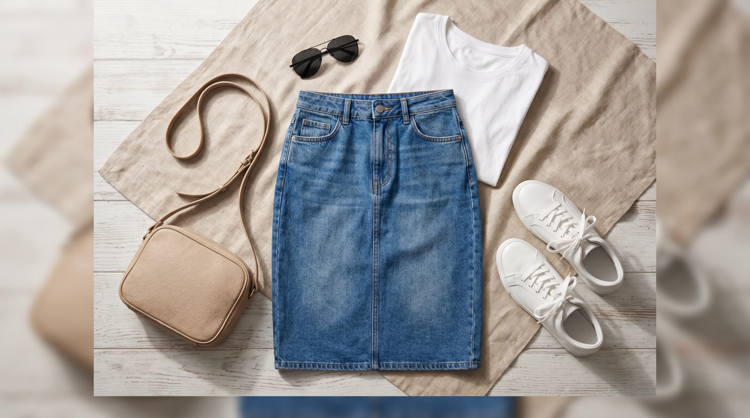 Елегантний flatlay-колаж демонструє різноманіття стилізацій з джинсовою спідницею міді для весни 2026 року.