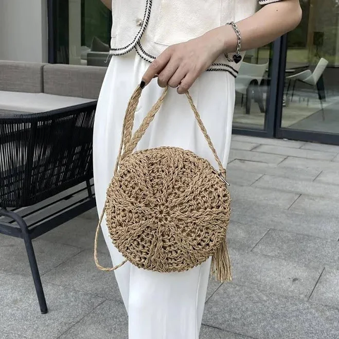 bag Кругла сумка плетена як солом'яна бохо сцмочка літня пляжна в'язана бежева Shafa $399