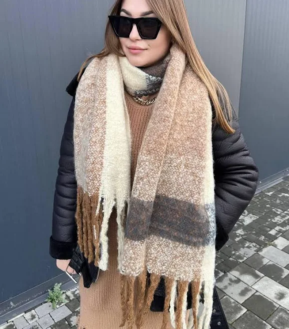 accessory Зимовий теплий, об'ємний шарф-плед в клітинку. Коричневий з бежевим та сірим cherry-shop.com.ua $400