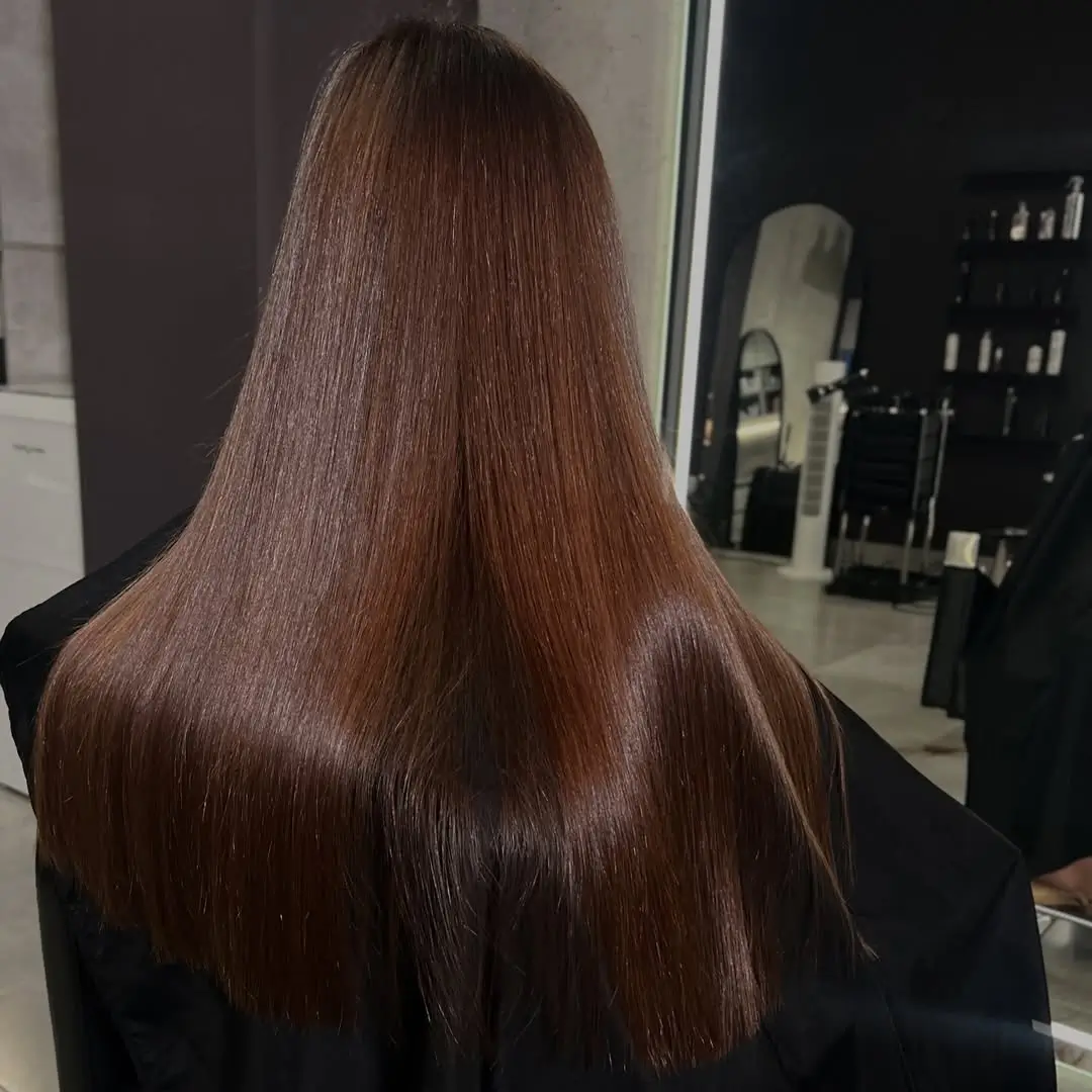 Глянцевий каштан, glass hair ефект Літні ідеї кольору волосся для брюнеток 2026 — глянцевий каштан з мідним переливом на дуже довгому прямому волоссі