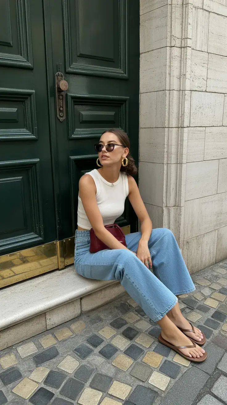 Тонкі коричневі в'єтнамки зі світлим денімом тонкі коричневі в'єтнамки зі світлими широкими джинсами і кремовим топом
